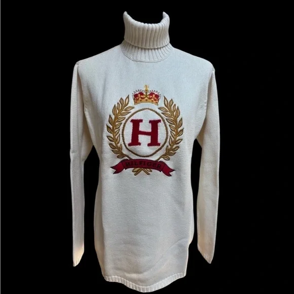 TOMMY HILFIGER CREAM TURTLENECK VINTAGE EMBROIDERED CREST PREPPY SWEATER SZ S-M - Picture 14 of 14